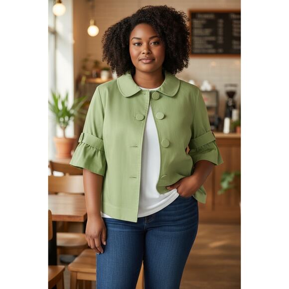 Green ND New Directions Jacket Short Ruffled Sleeve Big Buttons Womens Sz Med - Picture 1 of 5